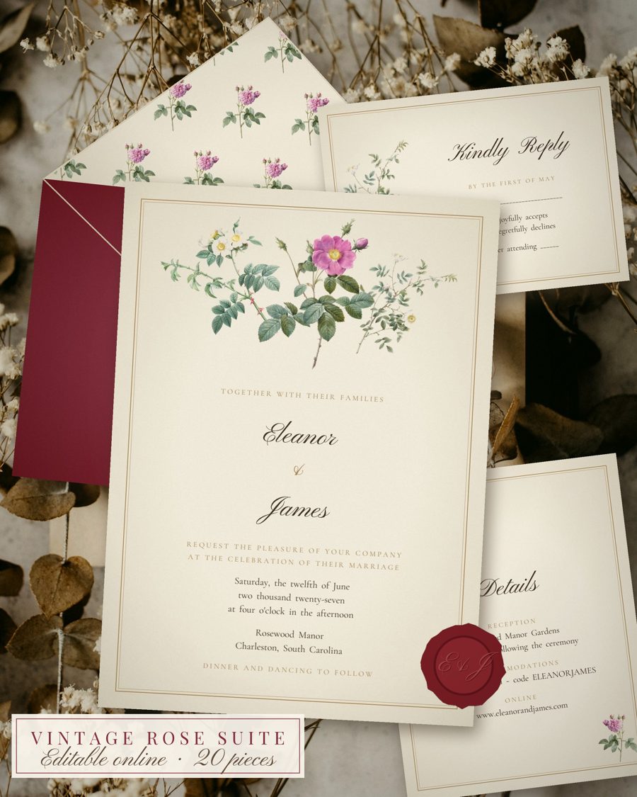 Vintage Rose Wedding Invitation Suite, Editable Template Set, 20 Piece Botanical Stationery