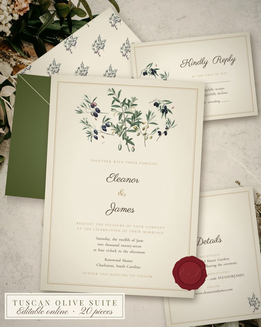 Olive Branch Wedding Invitation Suite Printable, 20 Editable Greenery Templates, RSVP Cards PDF