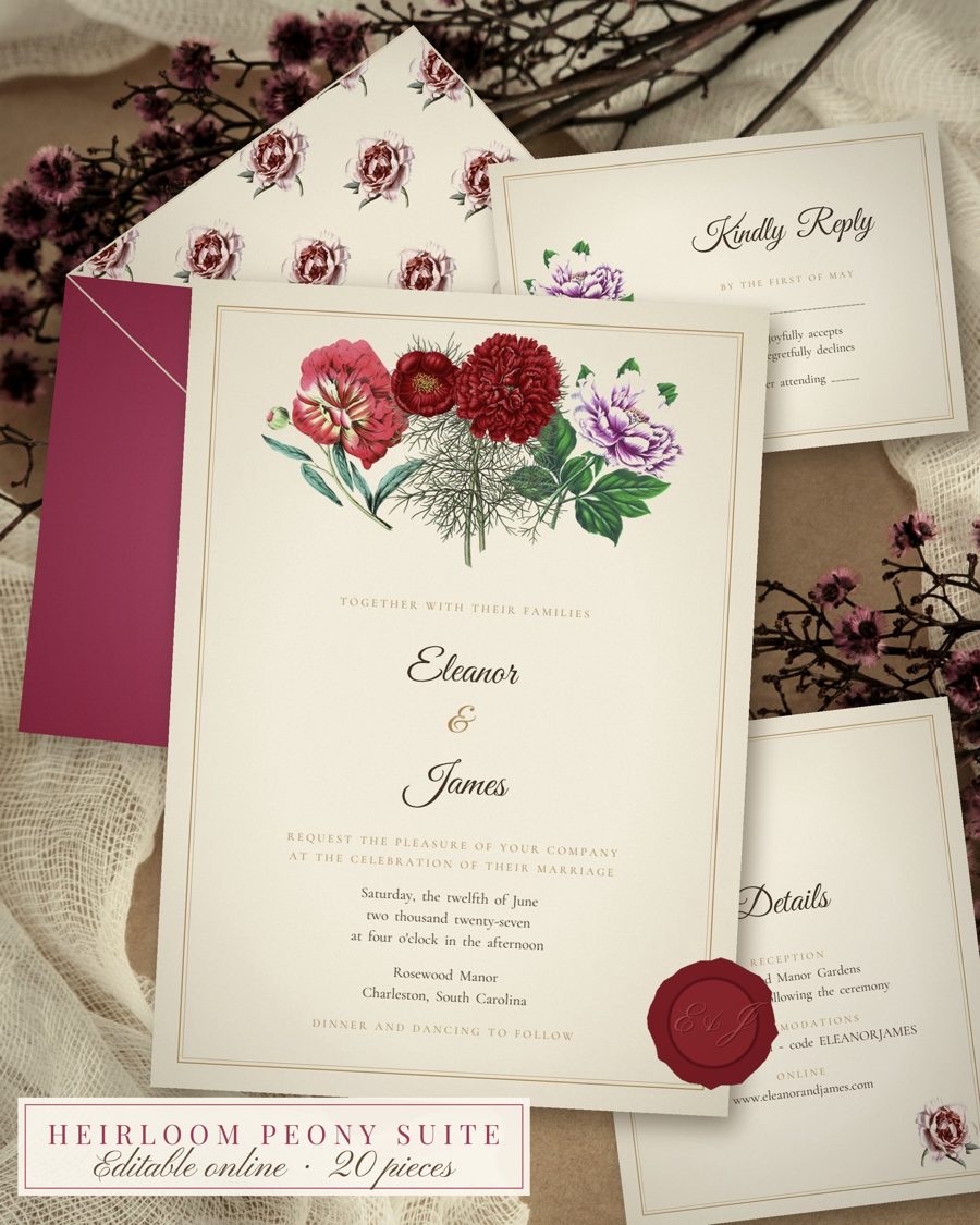 Peony Wedding Invitation Suite Printable, 20 Editable Blush Floral Templates, RSVP Signs PDF