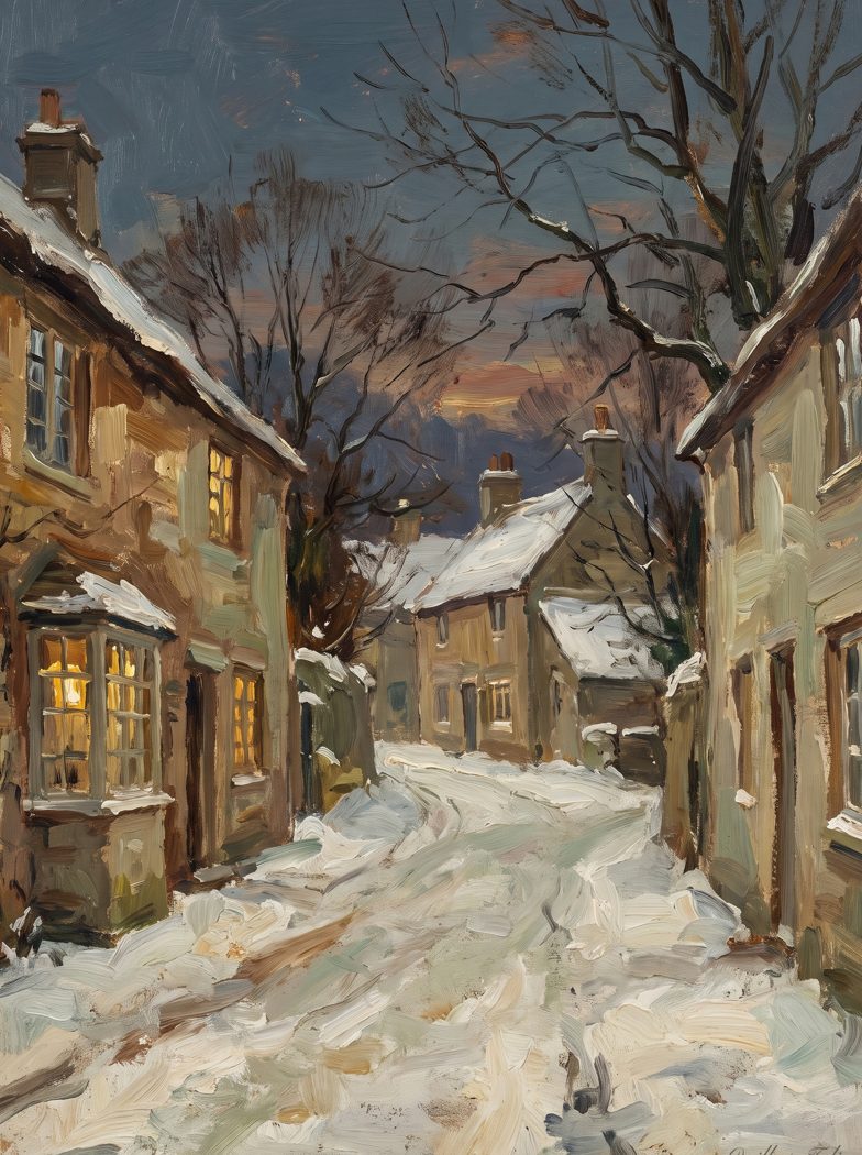 Snowy Village - Quill & Folio Originals oil painting